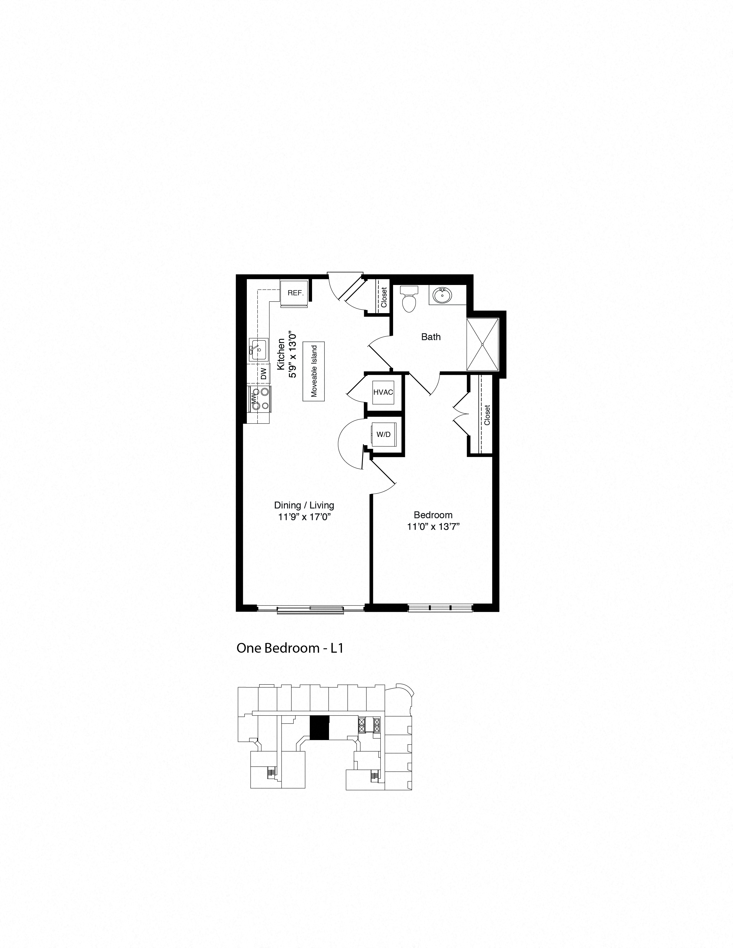 Floor plan for 1 bed, 1 bath, 744 sqft
